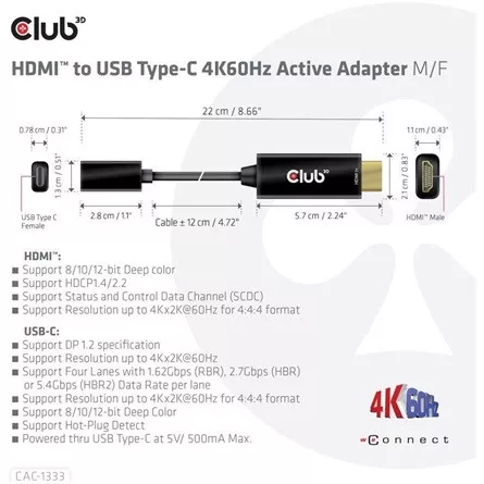Club 3D KAB Club3D HDMI to USB Type-C 4K60Hz Active Adapter M/F