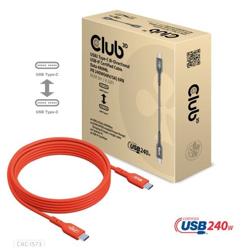 Club 3D Kábel - CAC-1573 (USB2 Type-C, M/M Kétirányú, 480Mb, 240W EPR, 2m)