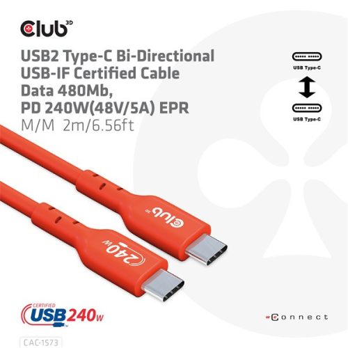 Club 3D Kábel - CAC-1573 (USB2 Type-C, M/M Kétirányú, 480Mb, 240W EPR, 2m)