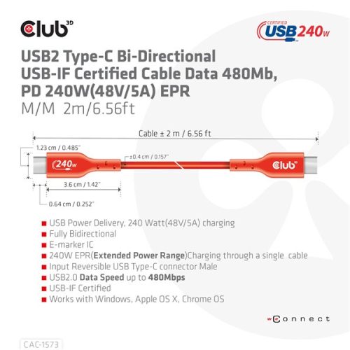Club 3D Kábel - CAC-1573 (USB2 Type-C, M/M Kétirányú, 480Mb, 240W EPR, 2m)