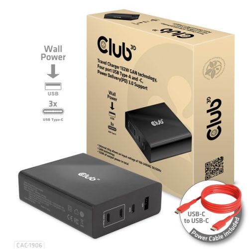 Club 3D Hálózati Töltő - CAC-1906 (132W GaN, 2x USB-A, 2x USB-C, PD3.0, 4 csatlakozó)