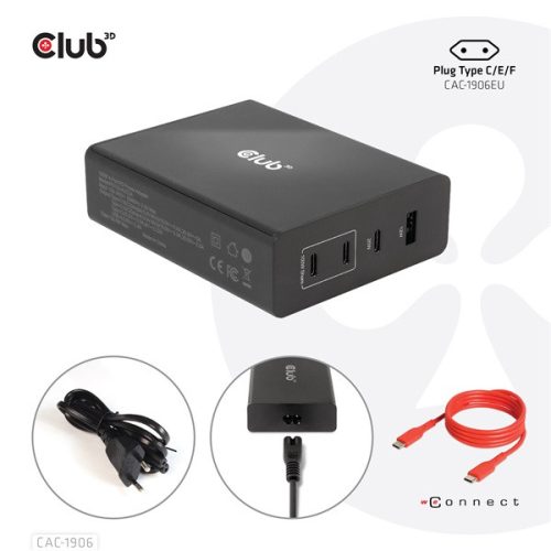 Club 3D Hálózati Töltő - CAC-1906 (132W GaN, 2x USB-A, 2x USB-C, PD3.0, 4 csatlakozó)