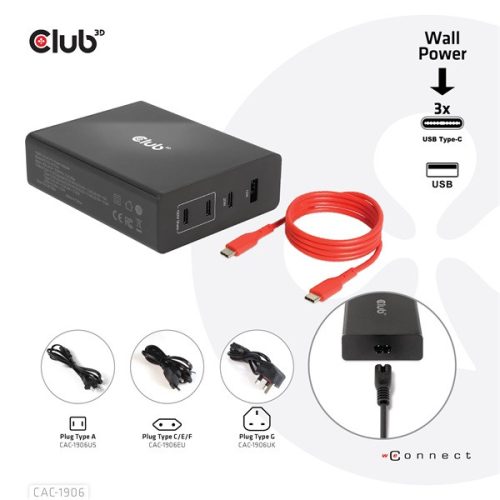Club 3D Hálózati Töltő - CAC-1906 (132W GaN, 2x USB-A, 2x USB-C, PD3.0, 4 csatlakozó)