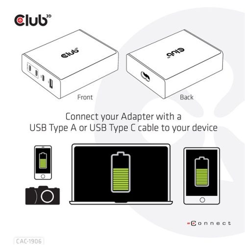 Club 3D Hálózati Töltő - CAC-1906 (132W GaN, 2x USB-A, 2x USB-C, PD3.0, 4 csatlakozó)