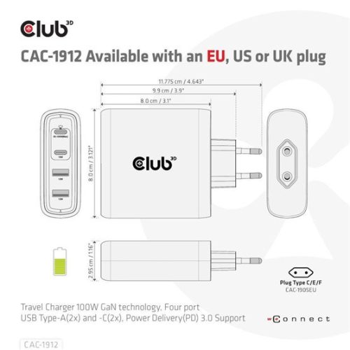Club 3D ADA Club3D USB-C Power Adapter 100W EU -  Hálózati töltő