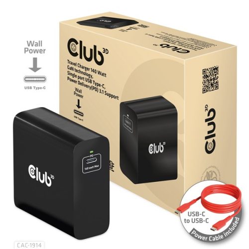 Club 3D Hálózati Töltő - CAC-1914EU (USB-C, 140W, GaN technológia, PD 3.1)