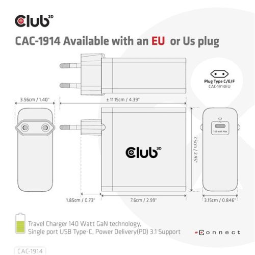 Club 3D Hálózati Töltő - CAC-1914EU (USB-C, 140W, GaN technológia, PD 3.1)