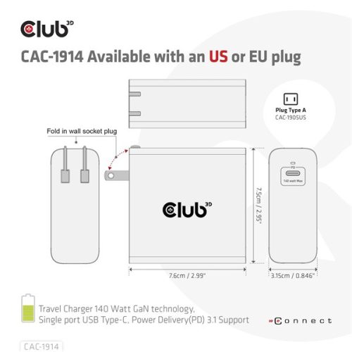 Club 3D Hálózati Töltő - CAC-1914EU (USB-C, 140W, GaN technológia, PD 3.1)