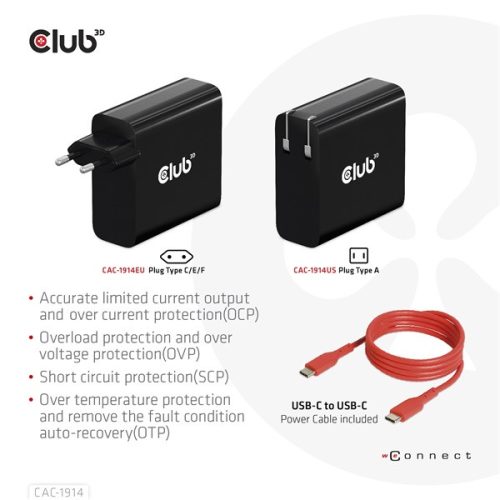 Club 3D Hálózati Töltő - CAC-1914EU (USB-C, 140W, GaN technológia, PD 3.1)