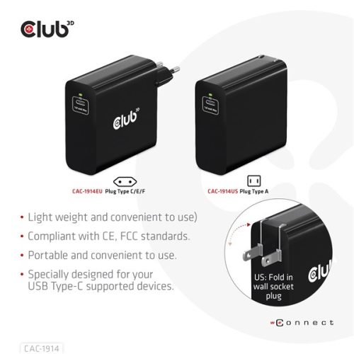 Club 3D Hálózati Töltő - CAC-1914EU (USB-C, 140W, GaN technológia, PD 3.1)