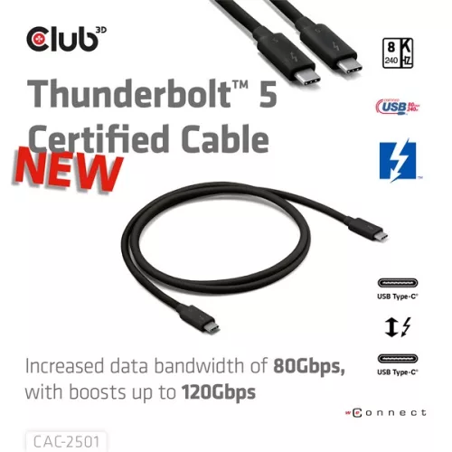 Club 3D Kábel - CAC-2501 (Thunderbolt 5 USB-C to USB-C, 240W, 80/120 Gbps, EPR, 8K240Hz, 1m)