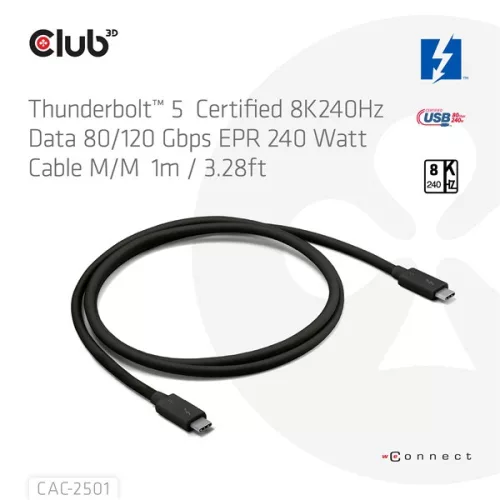 Club 3D Kábel - CAC-2501 (Thunderbolt 5 USB-C to USB-C, 240W, 80/120 Gbps, EPR, 8K240Hz, 1m)