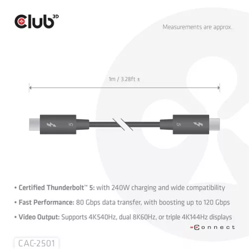 Club 3D Kábel - CAC-2501 (Thunderbolt 5 USB-C to USB-C, 240W, 80/120 Gbps, EPR, 8K240Hz, 1m)