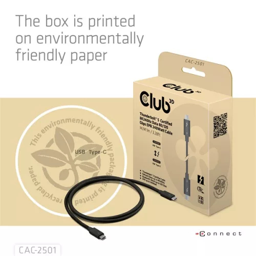 Club 3D Kábel - CAC-2501 (Thunderbolt 5 USB-C to USB-C, 240W, 80/120 Gbps, EPR, 8K240Hz, 1m)