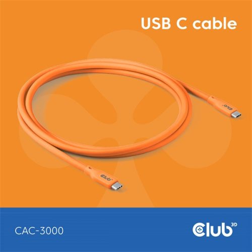 Club 3D Kábel - CAC-3000 (USB-C, PD 240W, 20Gbps, 4K60Hz, 2m, narancs)