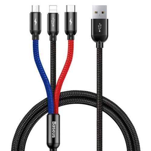 Baseus Three Primary Colors 3-in-1 USB Type-A – iPhone+USB Type-C+Micro USB, 3.5A gyorstöltő adatkábel, 1.2m, fekete