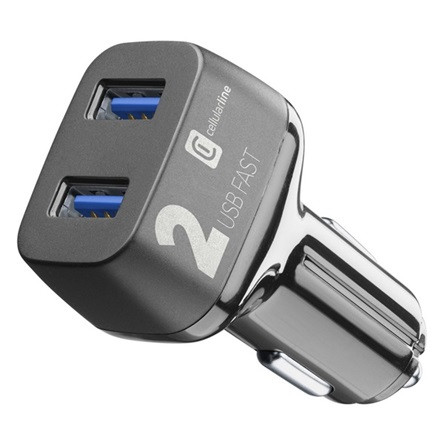 CELLULARLINE autós töltő 2 USB aljzat 36W, gyorstöltő, FEKETE