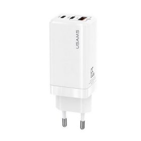   USAMS MT hálózati töltő 2 Type-C+USB aljzat 65W, PD gyorstöltő 3.0, FEHÉR