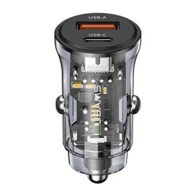   USAMS C32 autós töltő USB+Type-C aljzat 30W, PD gyorstöltő, FEKETE