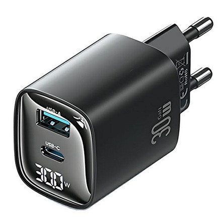 USAMS CC229 hálózati töltő USB+Type-C aljzat 30W, LED kijelző, FEKETE