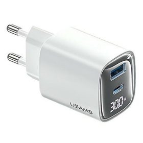  USAMS CC229 hálózati töltő USB+Type-C aljzat 30W, LED kijelző, FEHÉR