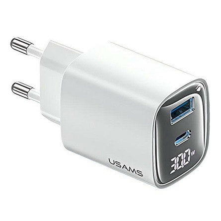 USAMS CC229 hálózati töltő USB+Type-C aljzat 30W, LED kijelző, FEHÉR