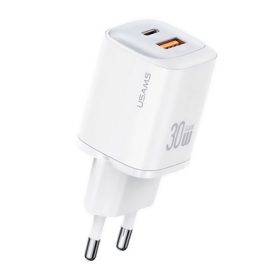   USAMS CC254 hálózati töltő USB+Type-C aljzat 30W, PD gyorstöltő, FEHÉR