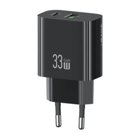   USAMS T65 hálózati töltő USB+Type-C aljzat 33W, PD gyorstöltő, FEKETE