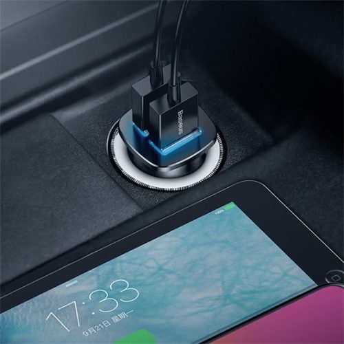 Baseus Square Metal autós gyorstöltő 30W, 2×USB Type-A, fekete