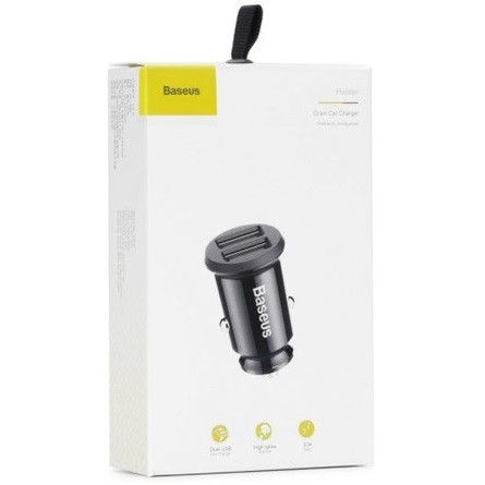 BASEUS GRAIN autós töltő 2 USB aljzat 15W, túlfeszültség elleni védelem, FEKETE