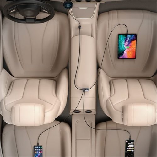 Baseus Share Together PPS autós gyorstöltő 120W, 3×USB Type-A + USB Type-C, beépített kábel, 1,5 m, szürke