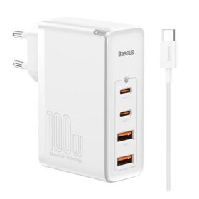   BASEUS hálózati töltő 2 USB+2 Type-C aljzat 100W, PD gyorstöltő 4.0 + Type-C kábel, FEHÉR