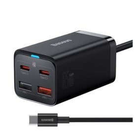   BASEUS hálózati töltő 2 USB+2 Type-C aljzat 65W, PD gyorstöltő 4.0 + Type-C - Type-C kábel, FEKETE
