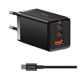   BASEUS hálózati töltő USB+2 Type-C aljzat 65W, PD gyorstöltő + Type-C kábel, FEKETE