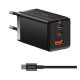 BASEUS hálózati töltő USB+2 Type-C aljzat 65W, PD gyorstöltő + Type-C kábel, FEKETE