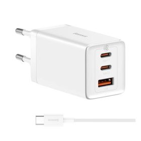   BASEUS hálózati töltő USB+2 Type-C aljzat 65W, PD gyorstöltő + Type-C kábel, FEHÉR