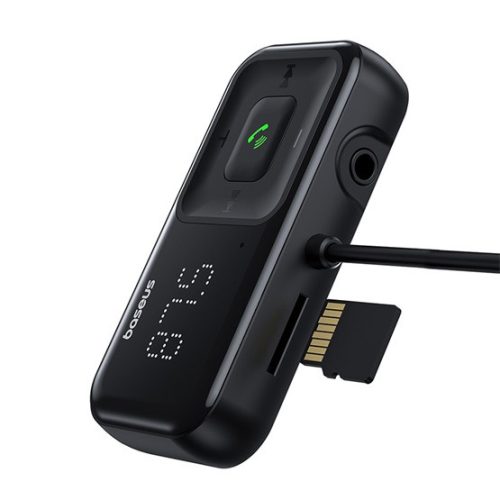 BASEUS bluetooth FM transmitter autós töltő 2 USB aljzat (16W, gyostöltő, microSD olvasó, AUX, spirálkábel) FEKETE