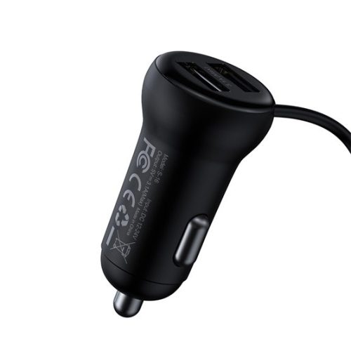 BASEUS bluetooth FM transmitter autós töltő 2 USB aljzat (16W, gyostöltő, microSD olvasó, AUX, spirálkábel) FEKETE