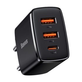   BASEUS COMPACT hálózati töltő 2 USB+Type-C aljzat 20W, PD gyorstöltő 3.0, FEKETE