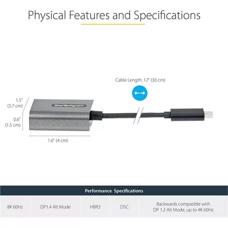 StarTech USB-C / Thunderbolt -> DisplayPort 1.4 M/F adapter 0.3m szürke