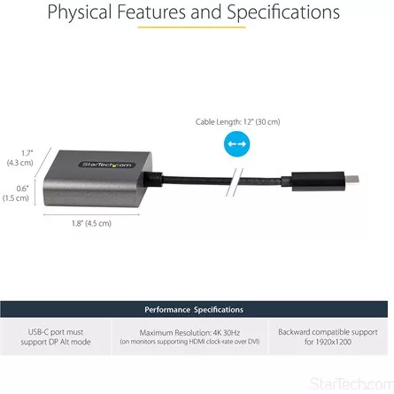 StarTech USB-C / Thunderbolt -> DVI-D M/F adapter 0.3m szürke