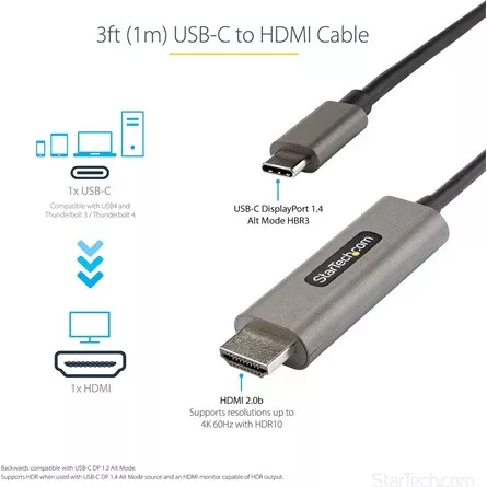StarTech USB-C / Thunderbolt -> HDMI 2.0 M/M video kábel 1m fekete DP 1.4 Alt Mode HBR3