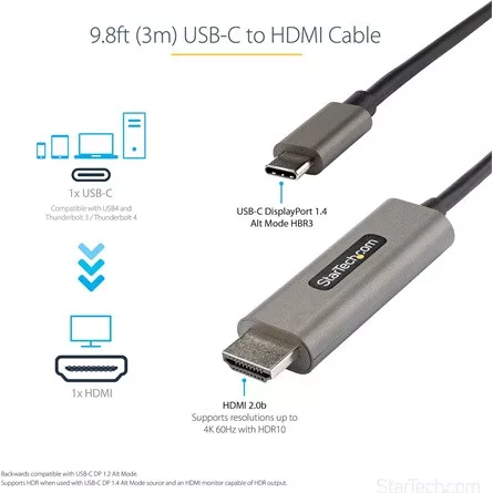 StarTech USB-C / Thunderbolt -> HDMI 2.0 M/M video kábel 3m fekete DP 1.4 Alt Mode HBR3