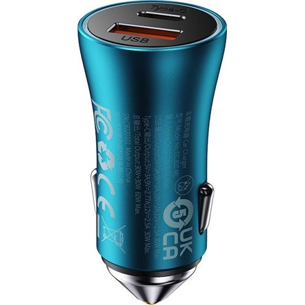 Baseus Golden Contactor Max autós gyorstöltő 60W, USB Type-A + USB Type-C, kék