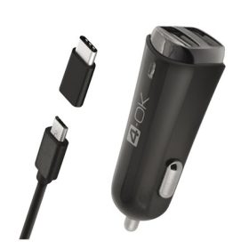   Blautel 4-OK autós töltő 2 USB aljzat 17W + Type-C adapter + microUSB kábel FEKETE