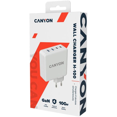 CANYON H-100, GAN 100W charger  Input:  100V-240V Output: USB-C1/C2: 5V 3A , 9V 3A , 12V 3A , 15V 3A , 20V 5A  USB-A 1/A2: 4.5V/5A, 5V/4.5A, 9V/3A, 12V/2.5A,  20V/1.5A  C1+C2 : 65W + 30W； C1+A...
