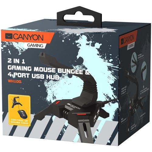 CANYON WH-100,  2 in 1 Gaming Mouse Bungee stand and USB 2.0 hub, 4 USB hub, 1.5m mircro to USB braided cable, Weighted design with non-slip grip, LED light, Black, size:128*123*102mm, 138g