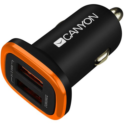 CANYON C-02 Universal 2xUSB car adapter, Input 12V-24V, Output 5V-2.1A, with Smart IC, black rubber coating with orange electroplated ring(without LED backlighting), 51.8*31.2*26.2mm, 0.016kg