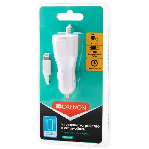 CANYON C-033 Universal 1xUSB car adapter, plus Lightning connector, Input 12V-24V, Output 5V/2.4A(Max), with Smart IC, white glossy, cable length 1.2m, 77*30*30mm, 0.041kg, Russian