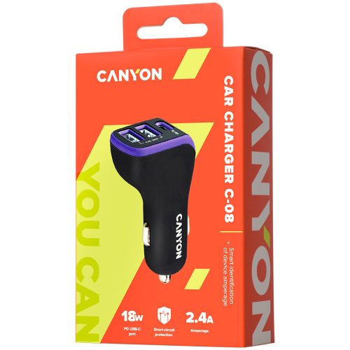 CANYON C-08, Universal 3xUSB car adapter, Input 12V-24V, Output DC USB-A 5V/2.4A(Max) + Type-C PD 18W, with Smart IC, Black+Purple with rubber coating, 71*39*26.2mm, 0.028kg